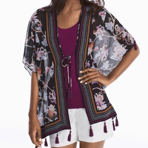 White House Black Market Tops - WHBM floral print tassel kimono cover up top SP/MP